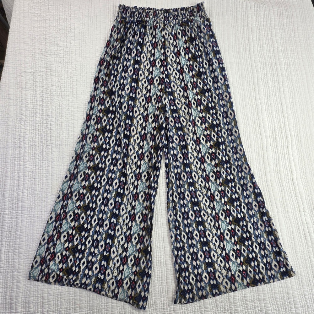 Boho Wide Leg Ikat Diamond Print Smocked Waist Rayon Flowy Blue Pants EUC Womens